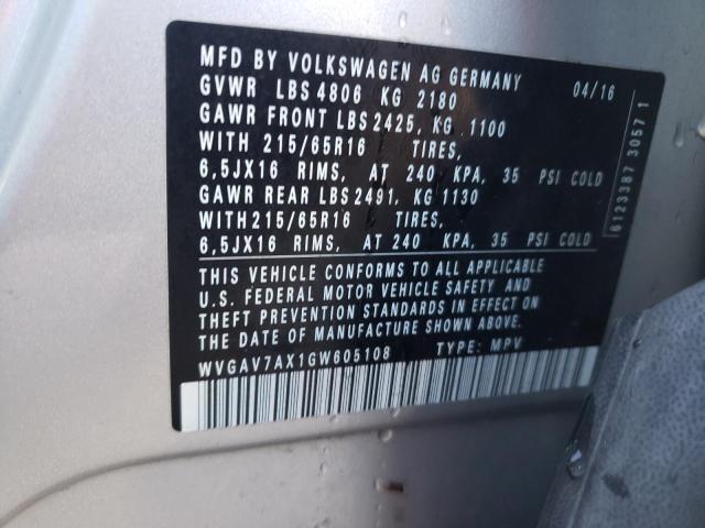 WVGAV7AX1GW605108 Volkswagen TIGUAN S
