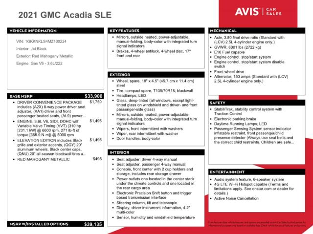1GKKNKLS4MZ100224 GMC ACADIA SLE