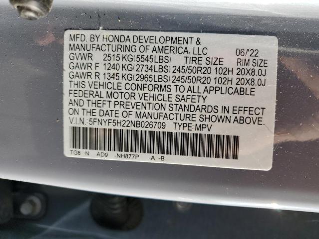5FNYF5H22NB026709 Honda PILOT SE