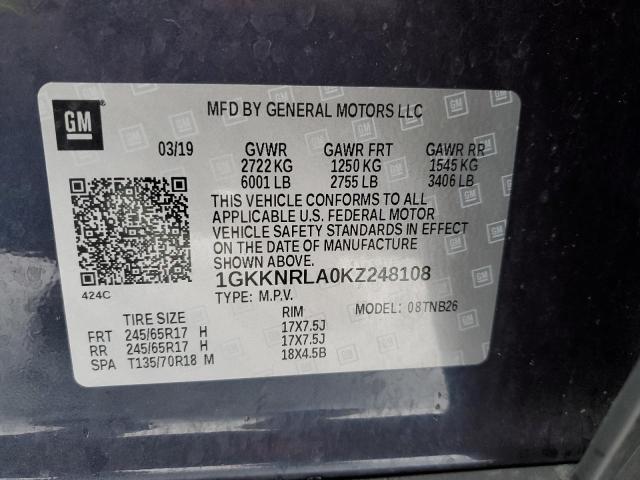 1GKKNRLA0KZ248108 GMC ACADIA SLE