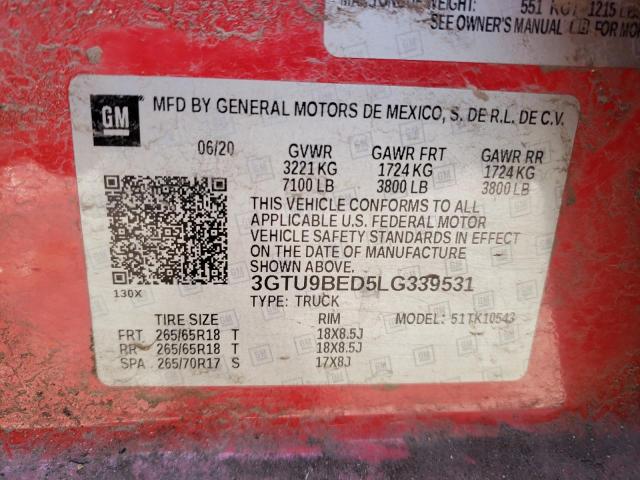 3GTU9BED5LG339531 GMC Sierra K1500 Sle