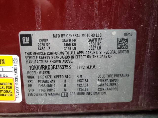 1GKKVRKD0FJ363758 GMC Acadia Slt-1