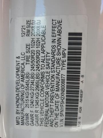 5FNYF5H2XNB008877 Honda PILOT SE
