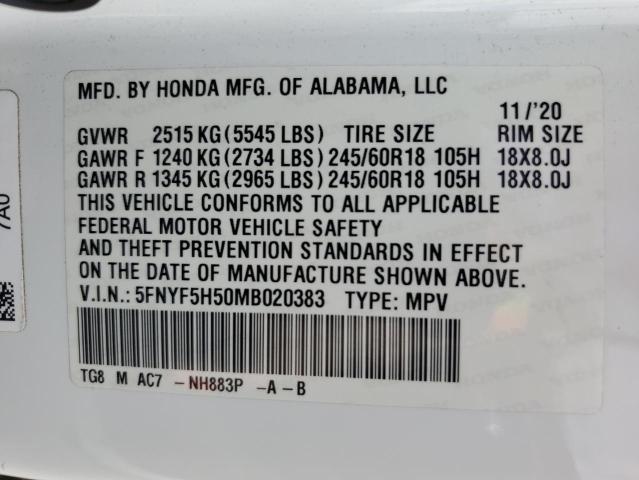 5FNYF5H50MB020383 Honda PILOT EXL