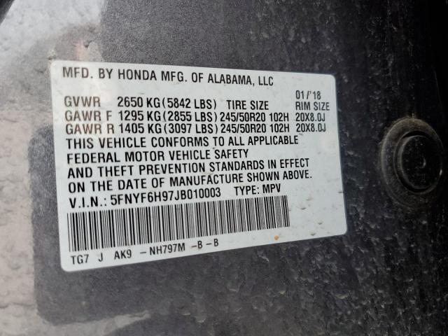5FNYF6H97JB010003 Honda Pilot Touring