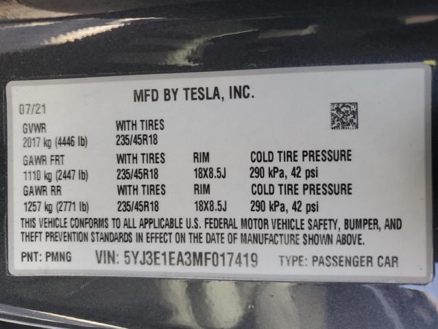 5YJ3E1EA3MF017419 Tesla MODEL 3