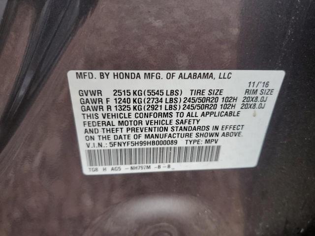 5FNYF5H99HB000089 Honda Pilot Touring