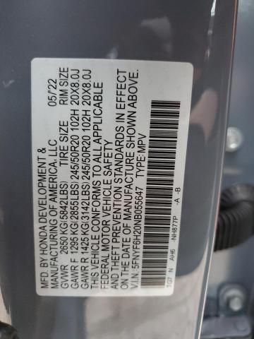 5FNYF6H20NB055647 Honda PILOT SE