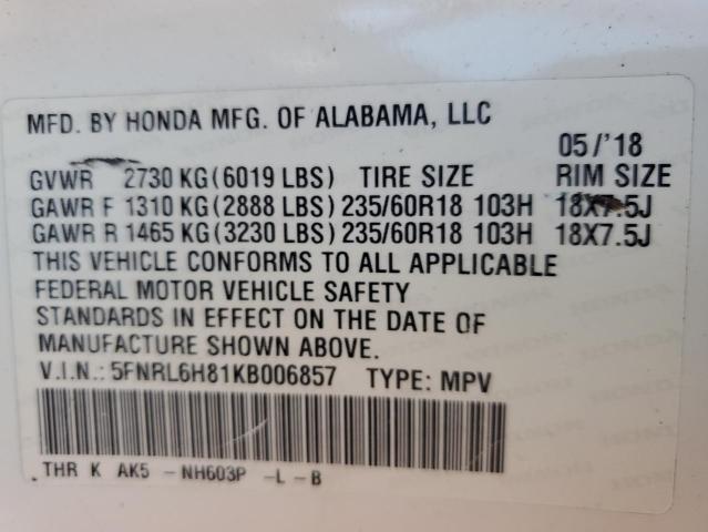 5FNRL6H81KB006857 Honda Odyssey Touring