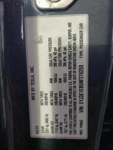 5YJ3E1EB5NF276259 Tesla MODEL 3