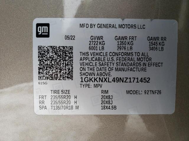 1GKKNXL49NZ171452 GMC Acadia Denali