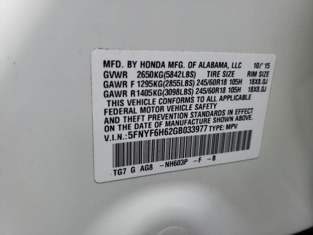 5FNYF6H62GB033977 Honda PILOT EXL