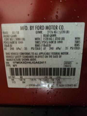 1FM5K8DH6JGA62411 Ford EXPLORER XLT
