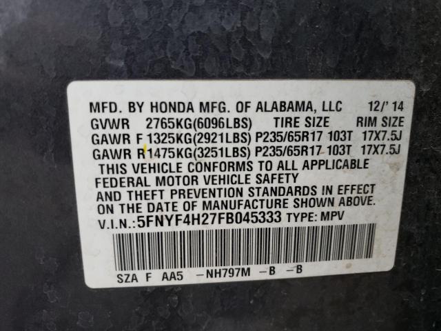 5FNYF4H27FB045333 Honda PILOT LX