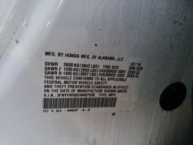 5FNYF6H0XHB007530 Honda Pilot Elite