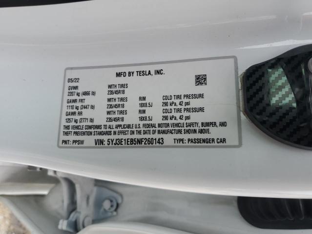 5YJ3E1EB5NF260143 Tesla MODEL 3