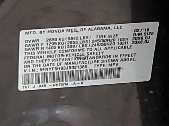 5FNYF6H93JB021385 Honda Pilot Touring
