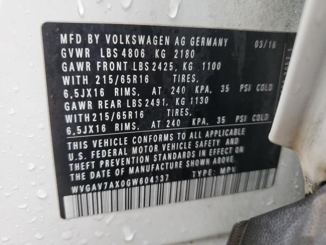 WVGAV7AX0GW604337 Volkswagen TIGUAN S