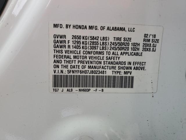 5FNYF6H07JB023481 Honda Pilot Elite