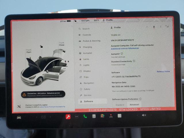 5YJ3E1EA4NF143273 Tesla MODEL 3