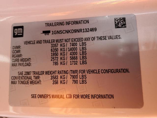 1GNSCNKD9NR132469 Chevrolet Tahoe C1500 Lt