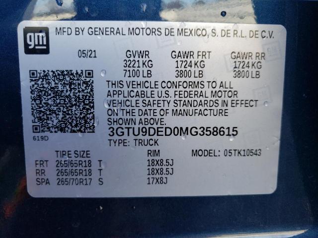 3GTU9DED0MG358615 GMC Sierra K1500 Slt