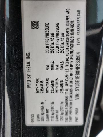 5YJ3E1EB8NF233504 Tesla MODEL 3