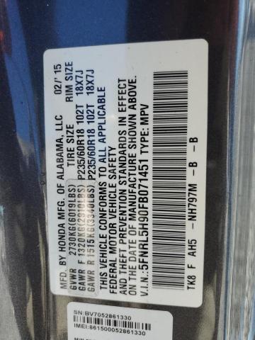 5FNRL5H90FB071451 Honda Odyssey Touring