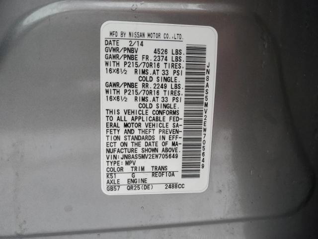 JN8AS5MV2EW705649 Nissan Rogue Select S