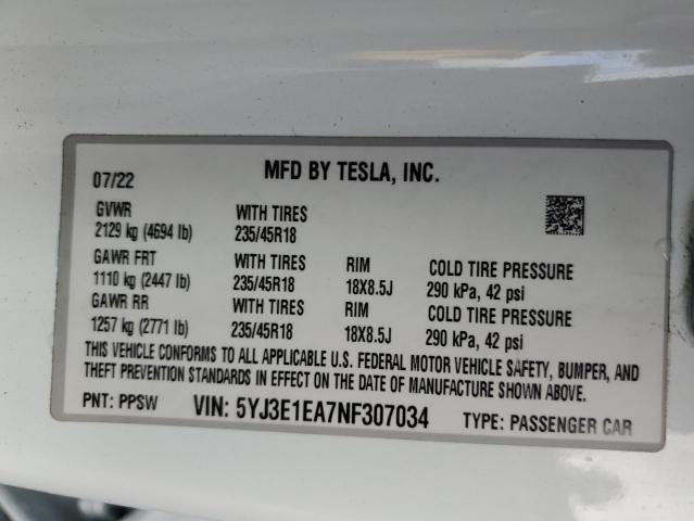 5YJ3E1EA7NF307034 Tesla 2022