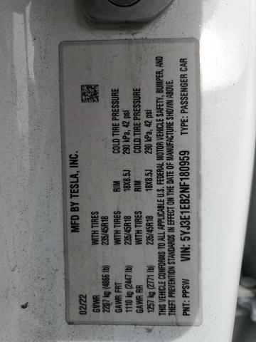 5YJ3E1EB2NF180959 Tesla 2022