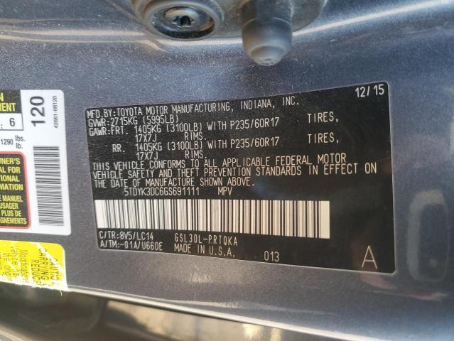 5TDYK3DC6GS691111 Toyota SIENNA XLE