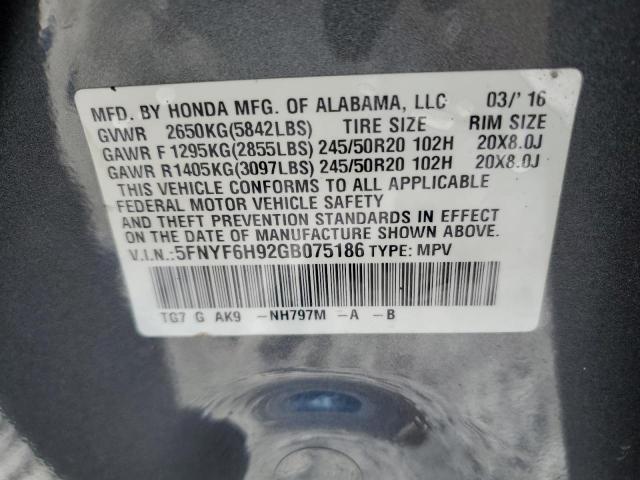 5FNYF6H92GB075186 Honda Pilot Touring