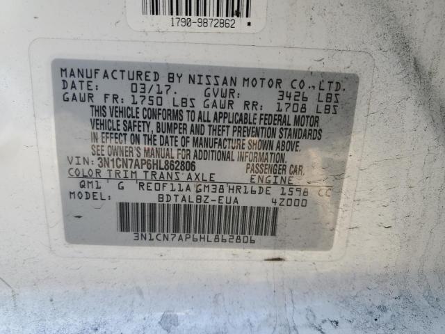 3N1CN7AP6HL862806 Nissan VERSA S