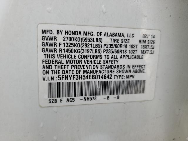 5FNYF3H54EB014642 Honda PILOT EXL