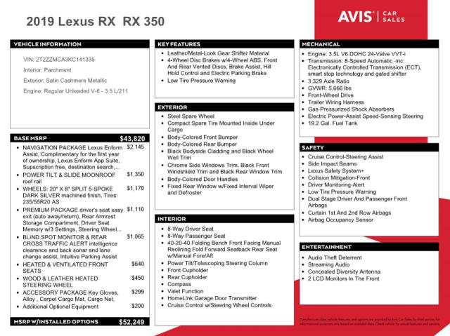 2T2ZZMCA3KC141335 Lexus Rx 350 Base