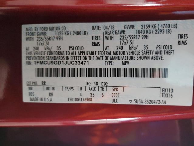 1FMCU9GD1JUC33471 Ford ESCAPE SE