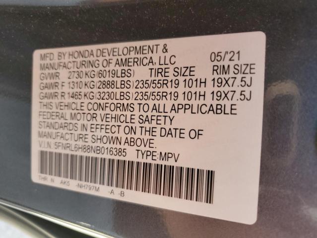 5FNRL6H88NB016385 Honda Odyssey Touring