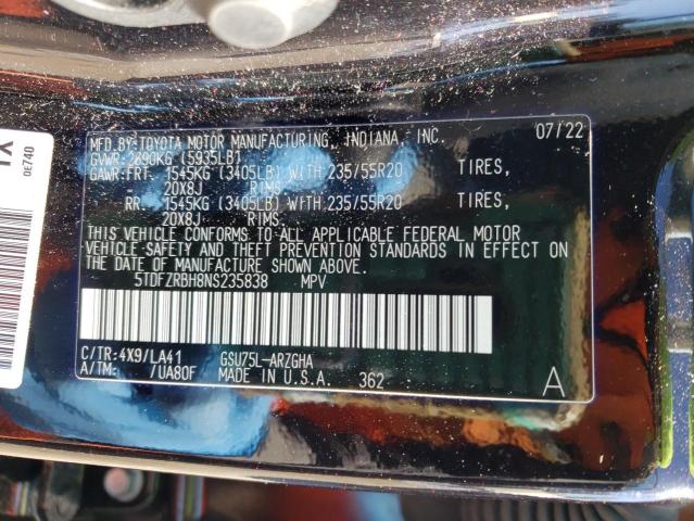 5TDFZRBH8NS235838 Toyota Highlander Platinum