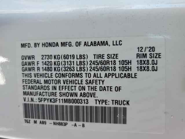 5FPYK3F11MB000313 Honda Ridgeline Sport