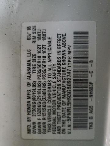 5FNRL5H93GB092747 Honda Odyssey Touring