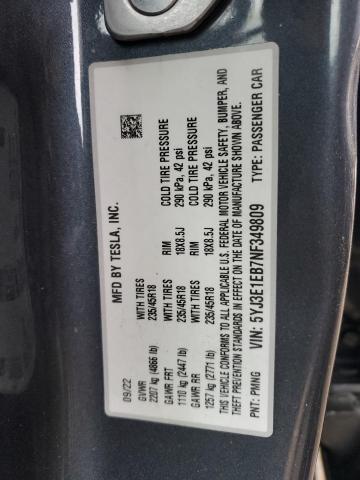 5YJ3E1EB7NF349809 Tesla MODEL 3