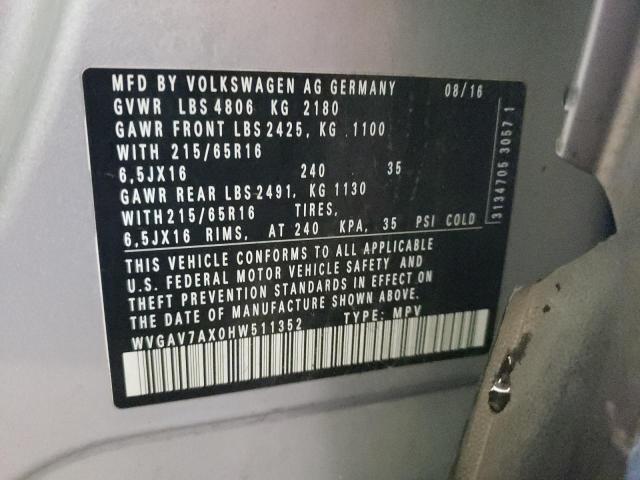 WVGAV7AX0HW511352 Volkswagen TIGUAN S