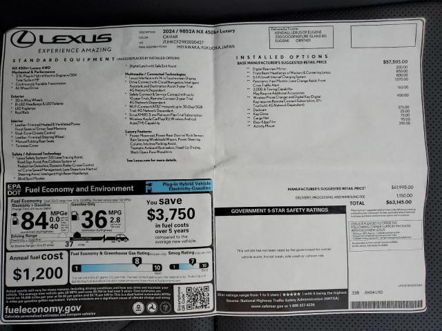 JTJHKCFZ9R2020427 Lexus Nx 450h Luxury