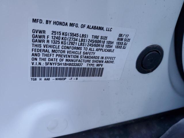 5FNYF5H18HB033837 Honda PILOT LX