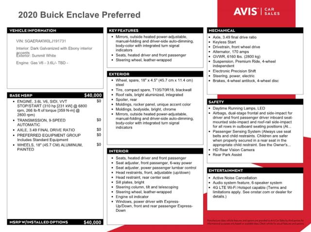 5GAERAKW0LJ191731 Buick Enclave Preferred