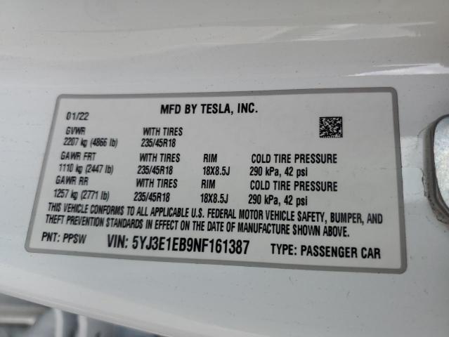 5YJ3E1EB9NF161387 Tesla MODEL 3