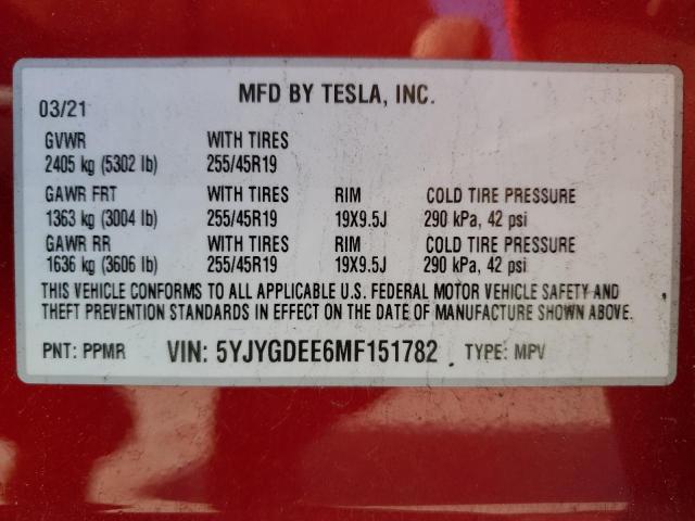 5YJYGDEE6MF151782 Tesla Model Y