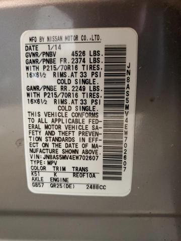 JN8AS5MV4EW702607 Nissan Rogue Select S
