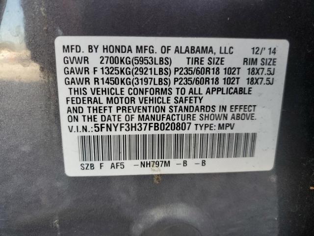 5FNYF3H37FB020807 Honda PILOT SE
